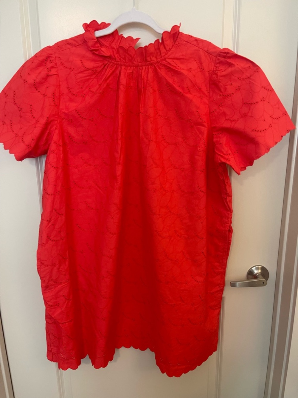Coral Red Eyelet Ruffle-Neck Mini Dress